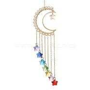 Wire Wrapped Natural Pearl Pendant Decorations, Glass Star Charms and Brass Findings Suncatcher Window Hanging Ornament, Moon, 237mm, Hole: 10mm(HJEW-JM01256-01)