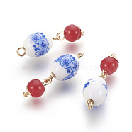 Porcelain Pendants, with Glass Beads and Brass Findings, Oval with Round, Light Gold, Red, 26x8mm, Hole: 1.8mm(X-KK-F769-14LG)