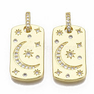 Brass Micro Pave Cubic Zirconia Pendants, with Jump Rings, Nickel Free, Oval with Moon & Star, Clear, Real 16K Gold Plated, 25.5x14x2mm, Jump Rings: 9x5.5x2, 2.5x4.5mm Inner Diameter.(ZIRC-T014-020-NF)