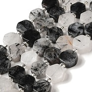 Natural Black Rutilated Quartz Beads Strands, Hexagon, with Seed Beads, 8.5~9x8.5~10x4~5mm, Hole: 1mm, about 17~18pcs/strand, 7.48''(19cm)(G-P534-A04-01)