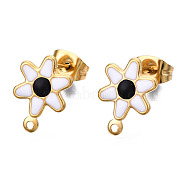 304 Stainless Steel Enamel Stud Earring Findings, with Loop and Ear Nuts/Earring Backs, Flower, White, 12.5x9mm, Hole: 1mm, Pin: 0.8mm(STAS-T052-43G-01)
