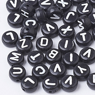 Acrylic Beads, Horizontal Hole, Flat Round with Letter, White, 7x4mm, Hole: 1mm, about 3600pcs/500g(MACR-T009-04)