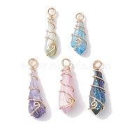 Electroplated Natural Quartz Crystal Copper Wire Wrapped Pendants, Teardrop Charms, Light Gold, 25~35x7~10x9mm, Hole: 3.5mm(PALLOY-JF02676-01)
