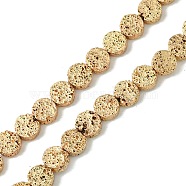 Electroplated Natural Lava Rock Beads Strands, Flat Round, Light Gold Plated, 6~6.5x2.5~3mm, Hole: 0.9mm, about 62pcs/strand, 15.35''(39cm)(G-I360-M01-02)