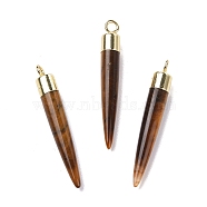 Natural Tiger Eye Brass Pendants, Cadmium Free & Lead Free, Bullet Shaped, Light Gold, 33~37x4~5mm, Hole: 2mm(G-B025-02LG-14)