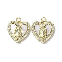 Brass Micro Pave Cubic Zirconia Pendants, with Shell, Virgin Mary Pattern, Real 18K Gold Plated, Heart, 18.5x18x3mm, Hole: 3mm(KK-G485-19C-G)