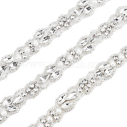 Glass Crystal Hotfix Rhinestone, with Hot Melt Adhesive Stick & Alloy Settings, with Imitation Pearl, for DIY Bridal Belt, Clear, 16x4.5mm(DIY-WH0343-51)