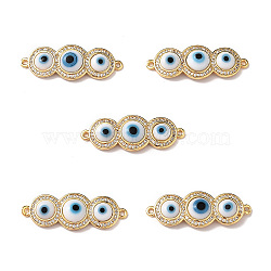 Handmade Lampwork Evil Eye Connector Charms, with Clear Cubic Zirconia, Real 18K Gold Plated Brass Findings, White, 13x36x4.5mm, Hole: 1.4mm(ZIRC-L102-10G-02)