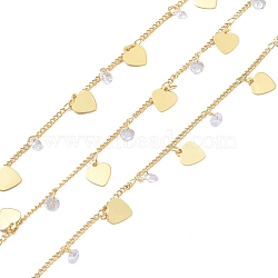 Handmade Brass Curb Chains, Soldered, with Heart Charm, Clear Cubic Zirconia and Spool, Long-Lasting Plated, Real 18K Gold Plated, 1.5x1mm, about 32.8 Feet(10m)/roll(CHC-I006-14G)