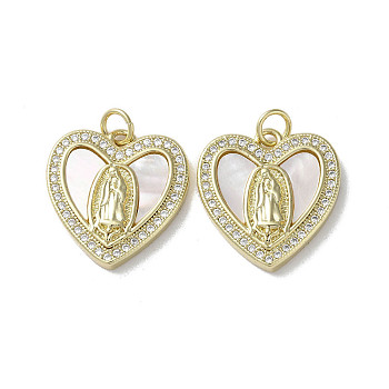 Brass Micro Pave Cubic Zirconia Pendants, with Shell, Virgin Mary Pattern, Real 18K Gold Plated, Heart, 18.5x18x3mm, Hole: 3mm