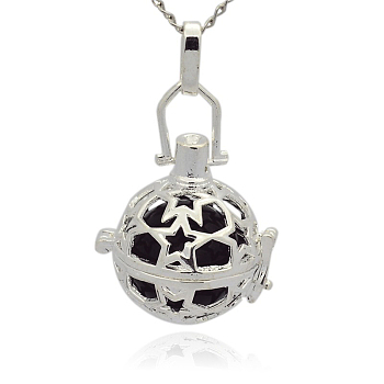 Silver Color Plated Brass Hollow Round Cage Pendants, with No Hole Spray Painted Brass Round Ball Beads, Black, 36x25x21mm, Hole: 3x8mm