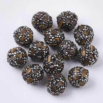 Polymer Clay Rhinestone Beads, with Natural Tiger Eye, Round, 16~18mm, Hole: 1.6mm