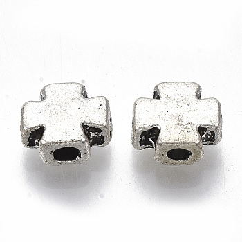 Tibetan Style Alloy Beads, Cadmium Free & Lead Free, Cross, Antique Silver, 7.5x8x3.5mm, Hole: 1.6mm, about 1085pcs/1000g