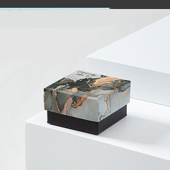 Cardboard Jewelry Set Box, with Sponge inside, Square with Marble Pattern, Black, 5.1x5.1x3.3cm