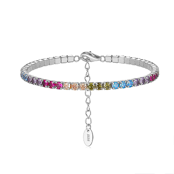 Rhodium Plated Real Platinum Plated 925 Sterling Silver Link Chain Bracelet, Cubic Zirconia Tennis Bracelets, with S925 Stamp, Colorful, 6-5/8 inch(16.8cm)