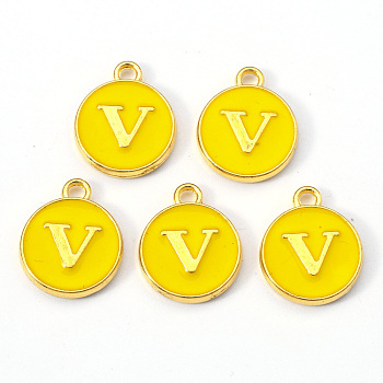 Golden Plated Alloy Enamel Charms, Enamelled Sequins, Flat Round with Letter, Gold, Letter.V, 14x12x2mm, Hole: 1.5mm