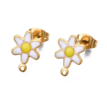 304 Stainless Steel Enamel Stud Earring Findings, with Loop and Ear Nuts/Earring Backs, Flower, White, 12.5x9mm, Hole: 1mm, Pin: 0.8mm