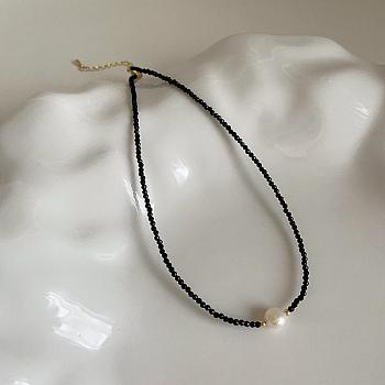 Vintage Single Natural Freshwater Pearl & Glass Beaded necklaces, Golden Plated Brass Jewelry for Women, Black, 