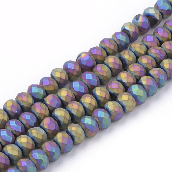 Electroplate Glass Beads Strands, Faceted, Matte Style, Rondelle, Colorful, 4mm, Hole: 1mm, about 150pcs/strand, 18.9 inch