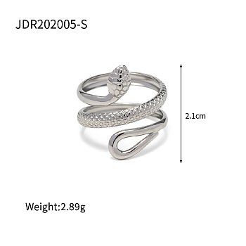 304 Stainless Steel Cuff Rings for Women, Stainless Steel Color, Snake, Inner Diameter: Adjustable