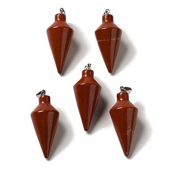 Natural Red Jasper Pendants, Cone Charms with Rack Plating Platinum Plated Brass Snap on Bails, 36~36.5x15~15.5mm, Hole: 5~6.5x2mm