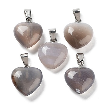 Natural Grey Agate Charms, with Silver Tone Metal Findings, Heart, 16x6mm
