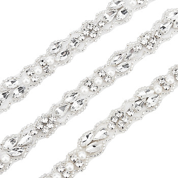 Glass Crystal Hotfix Rhinestone, with Hot Melt Adhesive Stick & Alloy Settings, with Imitation Pearl, for DIY Bridal Belt, Clear, 16x4.5mm