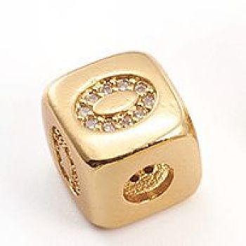 Brass Micro Pave Cubic Zirconia Beads, Cube with Number, Clear, Golden, Num.0, 8.5x8.5x8.5mm, Hole: 3.5mm