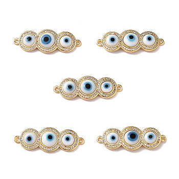 Handmade Lampwork Evil Eye Connector Charms, with Clear Cubic Zirconia, Real 18K Gold Plated Brass Findings, White, 13x36x4.5mm, Hole: 1.4mm