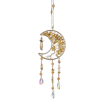 Natural Carnelian Wind Chime, with Glass Beads and Iron Ring, Moon with Tree of Life, 380mm