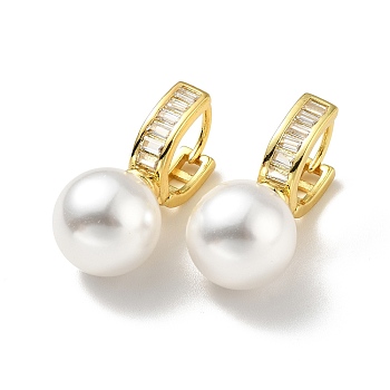 Plastic Pearl Dangle Stud Earrings with Clear Cubic Zirconia, Brass Hinged Earrings for Women, Lead Free & Cadmium Free & Nickel Free, Real 18K Gold Plated, 26mm, Pin: 1mm