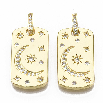Brass Micro Pave Cubic Zirconia Pendants, with Jump Rings, Nickel Free, Oval with Moon & Star, Clear, Real 16K Gold Plated, 25.5x14x2mm, Jump Rings: 9x5.5x2, 2.5x4.5mm Inner Diameter.
