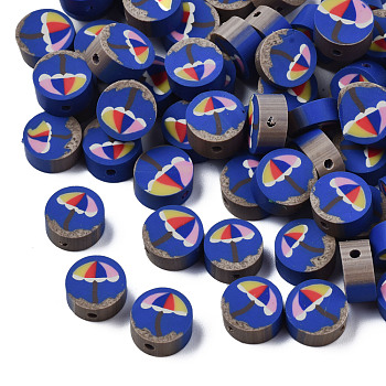Handmade Polymer Clay Beads, Flat Round with Umbrella, Blue, 10x4mm, Hole: 1.6mm