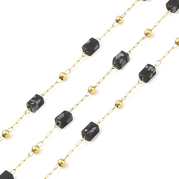 Ion Plating(IP) 304 Stainless Steel Link Chains, Natural Snowflake Obsidian Beads & Spool, Soldered, Real 18K Gold Plated, 6.5x2.5x2.5mm, about 32.81 Feet(10m)/Roll