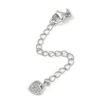 Brass Micro Pave Cubic Zirconia Ends with Chains, Heart, Platinum, 74mm, Hole: 2.5mm