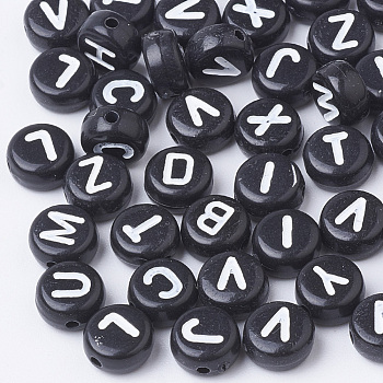 Acrylic Beads, Horizontal Hole, Flat Round with Letter, White, 7x4mm, Hole: 1mm, about 3600pcs/500g