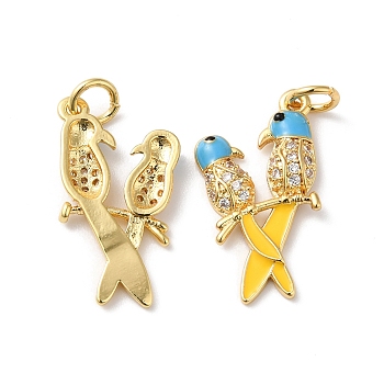 Rack Plating Brass Cubic Zirconia Pendants, with Enamel & Jump Ring, Lead Free & Cadmium Free, Long-Lasting Real 18K Gold Plated, Bird Charm, Deep Sky Blue, 22.5x12.5x2.5mm, Hole: 3.5mm