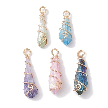Electroplated Natural Quartz Crystal Copper Wire Wrapped Pendants, Teardrop Charms, Light Gold, 25~35x7~10x9mm, Hole: 3.5mm