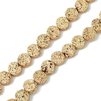 Electroplated Natural Lava Rock Beads Strands, Flat Round, Light Gold Plated, 6~6.5x2.5~3mm, Hole: 0.9mm, about 62pcs/strand, 15.35''(39cm)