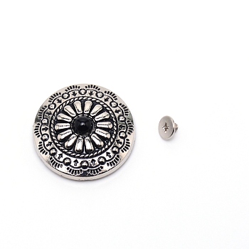 1-Hole Alloy & Turquoise Decorative Rivets, Flat Round with Chrysanthemum Pattern, for DIY Luggage and Hardware Accessaries, Black, 30x8.8~9.3mm, Hole: 2.5mm