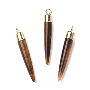 Natural Tiger Eye Brass Pendants, Cadmium Free & Lead Free, Bullet Shaped, Light Gold, 33~37x4~5mm, Hole: 2mm