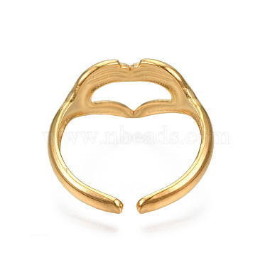 Ion Plating(IP) Rack Plating 304 Stainless Steel Heart Gesture Open Cuff Ring for Women(RJEW-S405-260G)-3