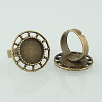 Vintage Adjustable Iron Finger Ring Components Alloy Cabochon Bezel Settings, Nickel Free, Antique Bronze, Flat Round Tray: 14mm, 17mm(PALLOY-O039-22AB-NF)