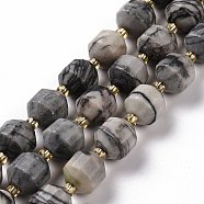 Natural Black Silk Stone/Netstone Beads Strands, with Seed Beads, Faceted Bicone Barrel Drum, 9~10mm, Hole: 1.2mm, about 29~32pcs/strand, 14.45~14.84 inch(36.7~37.7cm)(G-G990-F15)
