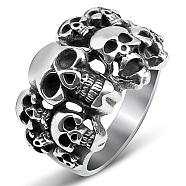 Steam Punk Style Titanium Steel Multi-Skull Finger Rings, Hollow Wide Rings for Men, Stainless Steel Color, US Size 14(23mm)(SKUL-PW0005-08H)