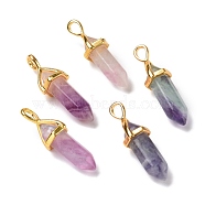 Natural Colorful Fluorite Pendants, Faceted, with Golden Tone Brass Findings, Lead free & Cadmium Free, Bullet, 27~30x9~10x7~8mm, Hole: 4x3mm(G-K329-68G)