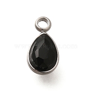 304 Stainless Steel Pendants, with Rhinestone, Stainless Steel Color, Teardrop, Jet, 10.5x5.5x0.5mm, Hole: 1.8mm(STAS-Q346-04P-08)