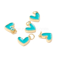 Rack Plating Brass Enamel Charms, with Jump Ring, Cadmium Free & Nickel Free & Lead Free, Real 18K Gold Long-Lasting Plated, Heart, Dark Turquoise, 9x7x2mm, Hole: 2.5mm(KK-D073-27G-04)