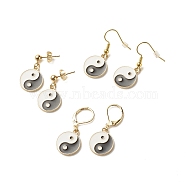 3 Pairs 3 Style Flat Round with Yin Yang Alloy Enamel Dangle Earrings & Stud & Leverback Earrings, Brass Drop Earrings, Golden, Black, 25~34mm, Pin: 0.7~0.9mm, 1Pair/style(EJEW-JE04893)