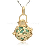 Golden Tone Brass Hollow Round Cage Pendants, with No Hole Spray Painted Brass Round Beads, Medium Turquoise, 33x24x21mm, Hole: 3x8mm(KK-J235-01G)